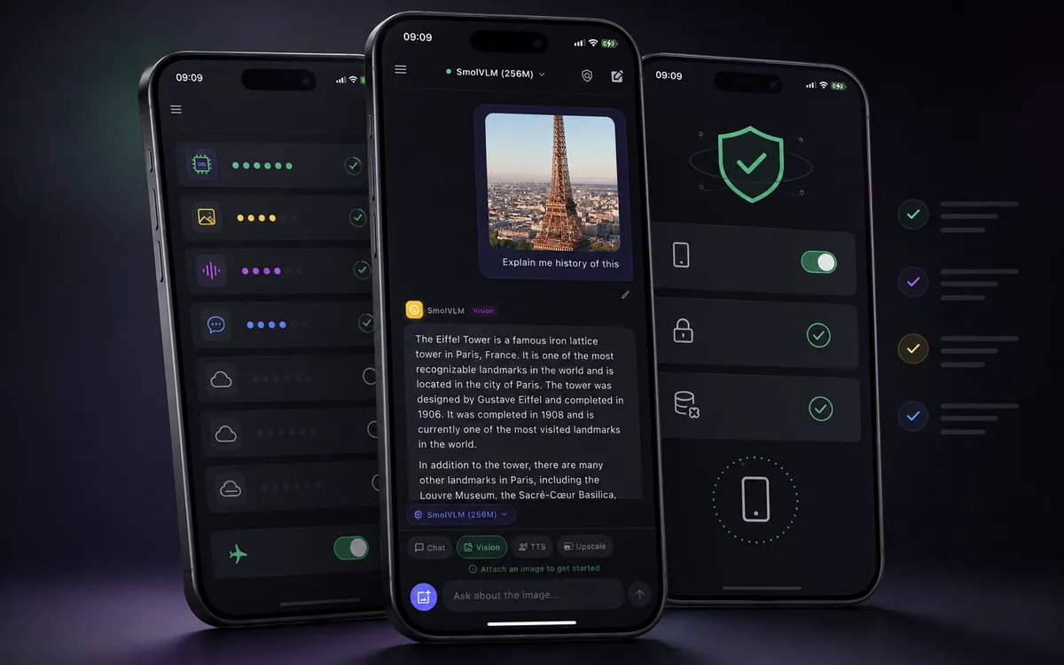 Local AI Chat screens showing offline models, image understanding, and privacy controls on iPhone.