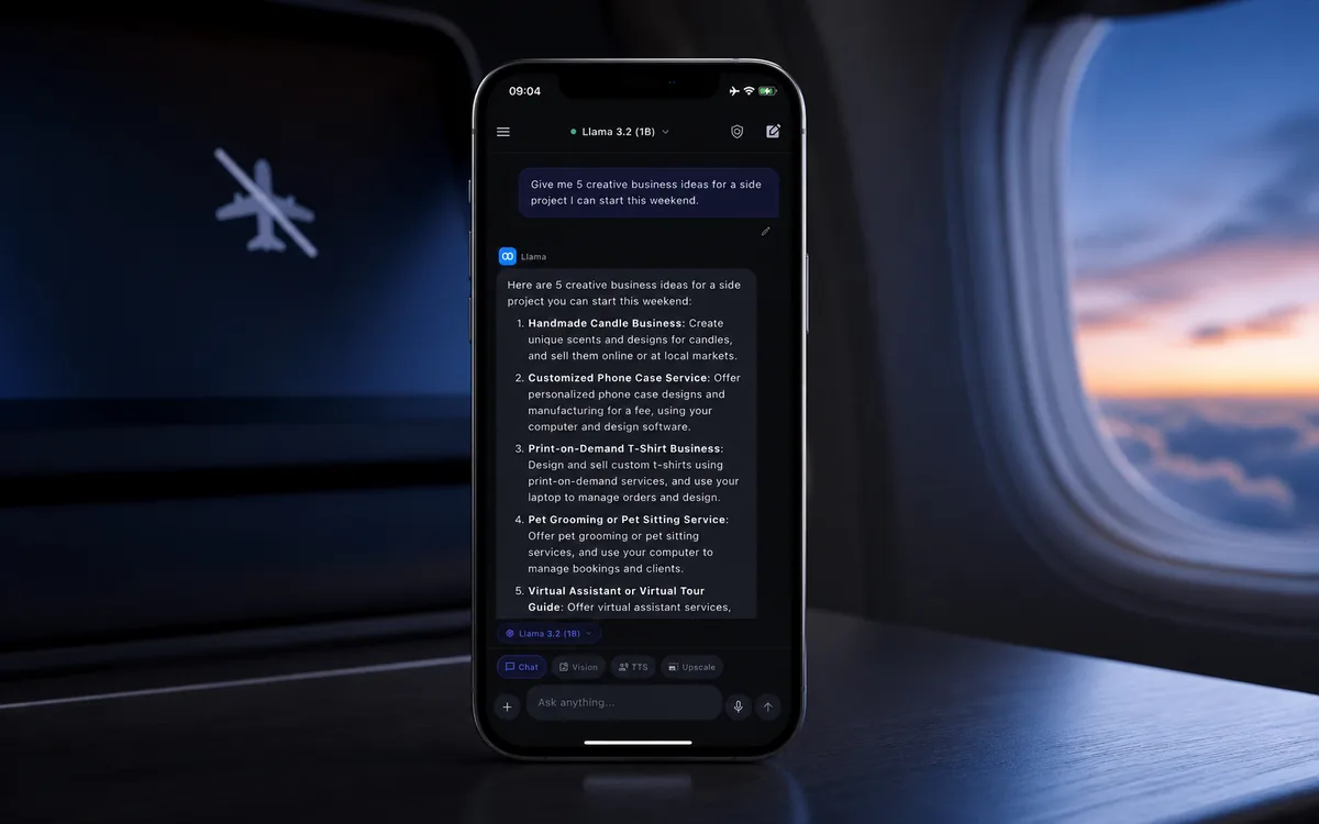 Local AI Chat running offline on an iPhone in airplane mode.