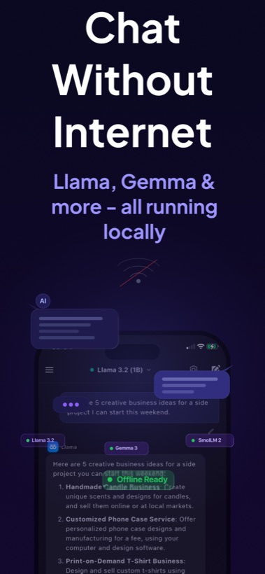 Local AI Chat offline mode with Llama, Gemma, and SmolLM models.