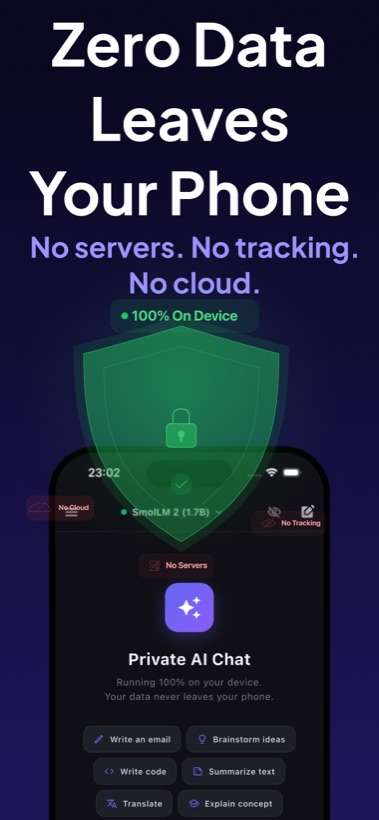 Local AI Chat privacy screen showing no servers, no tracking, and no cloud.
